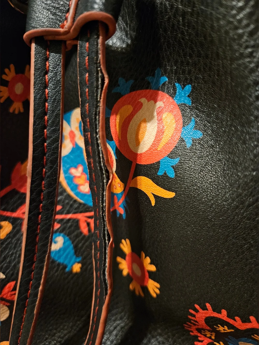Embroidered Floral Bucket Shoulder Bag in Black and Orange